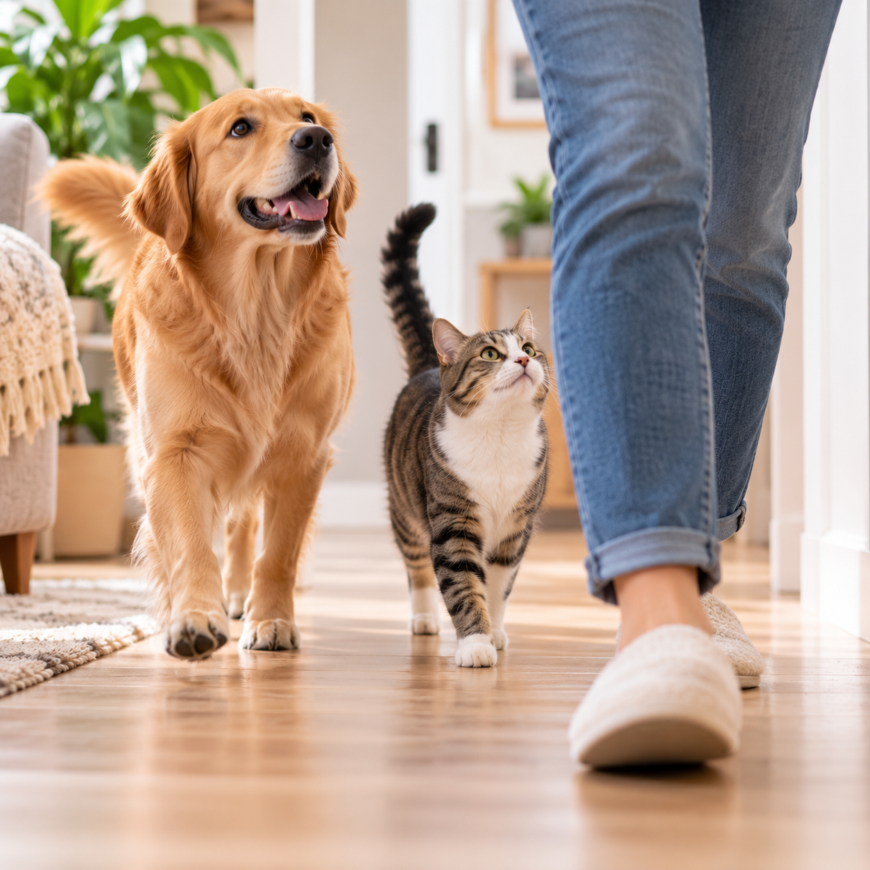 Perro y gato siguiendo a una persona por la casa