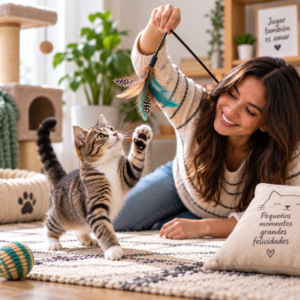 Persona jugando con su gato en casa