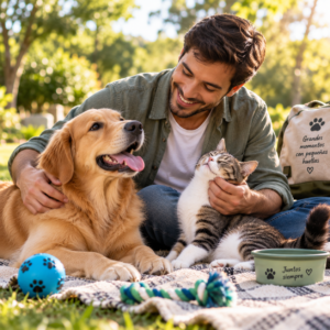 Persona compartiendo actividades con su perro y gato