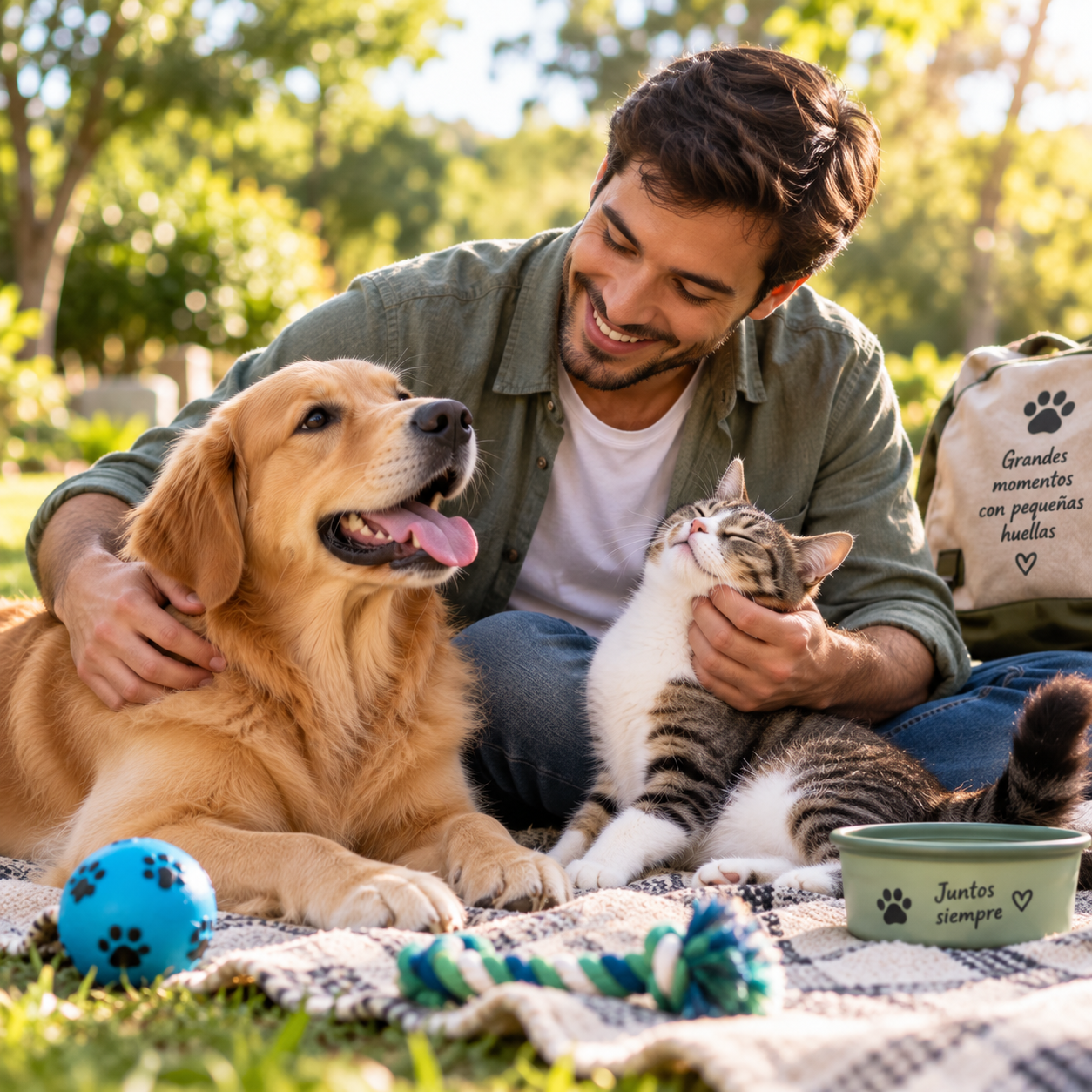 Persona compartiendo actividades con su perro y gato
