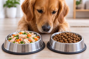 Perro junto a opciones de comida casera y alimento comercial