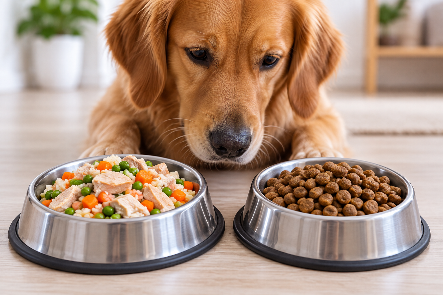Perro junto a opciones de comida casera y alimento comercial