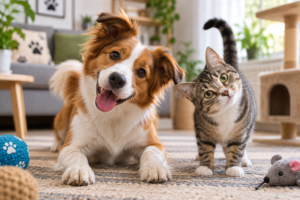Perro y gato mostrando comportamientos curiosos en casa
