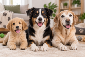 Perros en diferentes etapas de vida: cachorro, adulto y senior