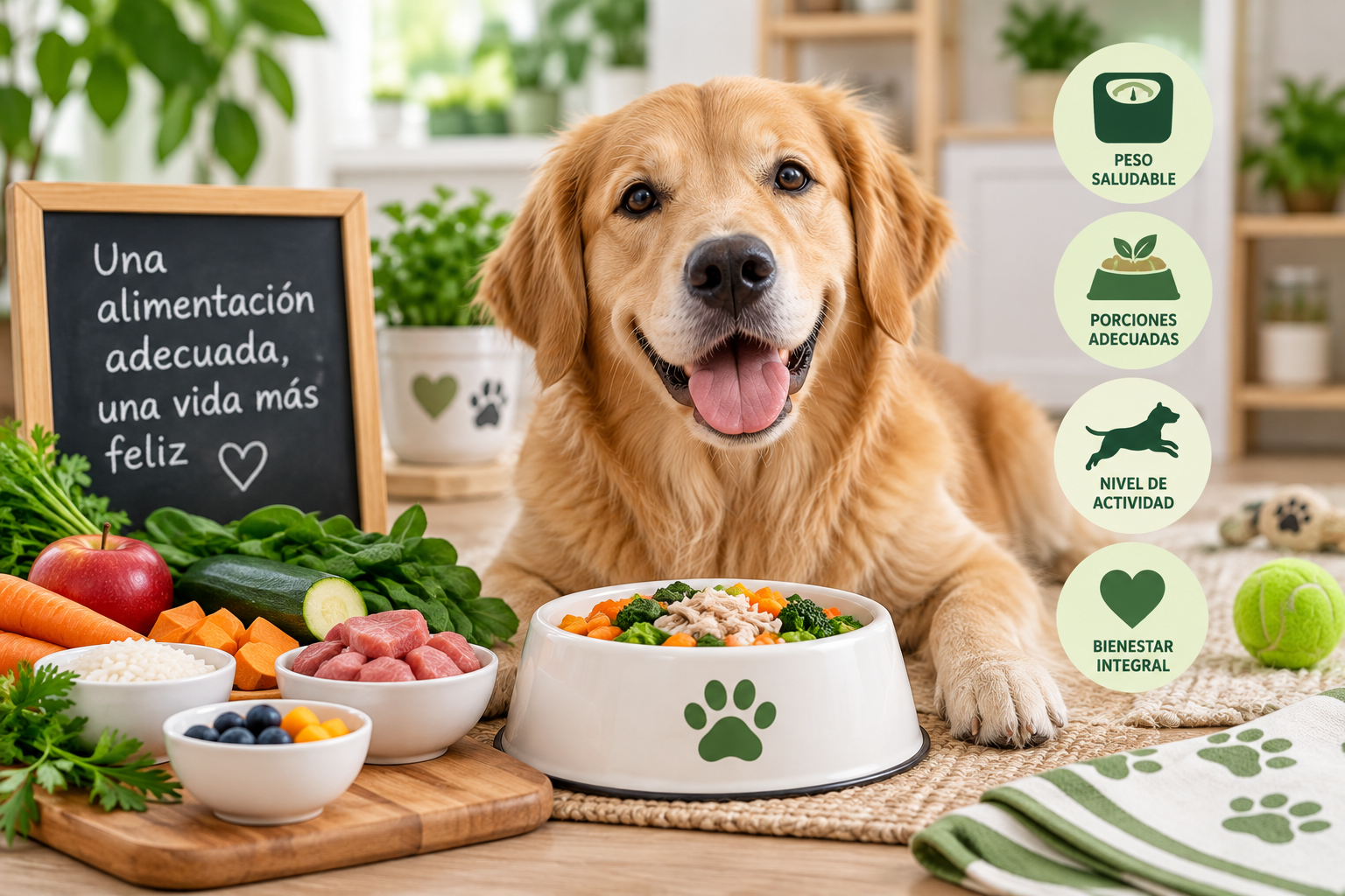 Perro junto a alimentos frescos para una alimentación equilibrada y control de porciones
