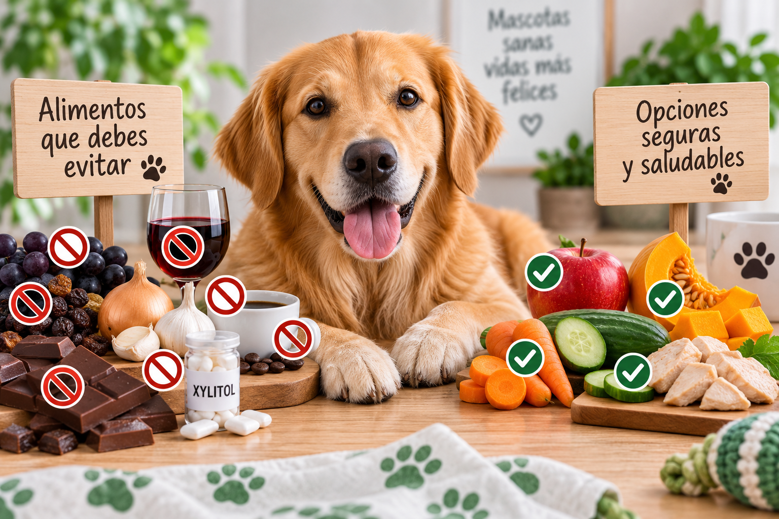 Perro junto a alimentos que debe evitar y opciones seguras para su alimentación