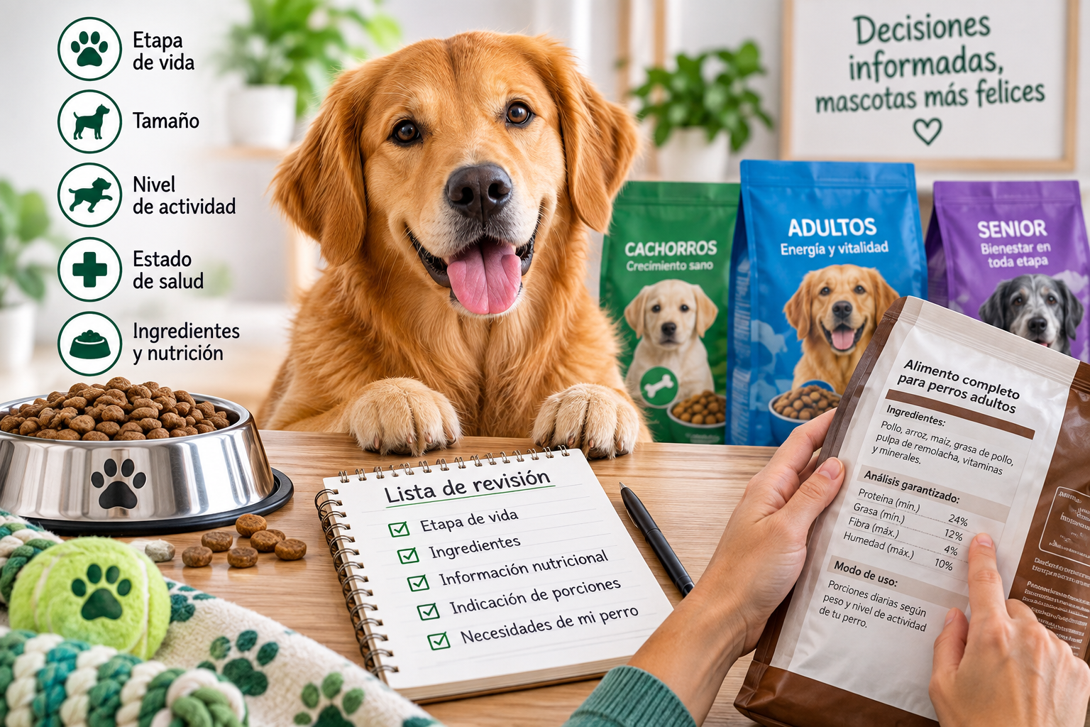 Persona revisando la etiqueta de un alimento para elegir la opción adecuada para su perro