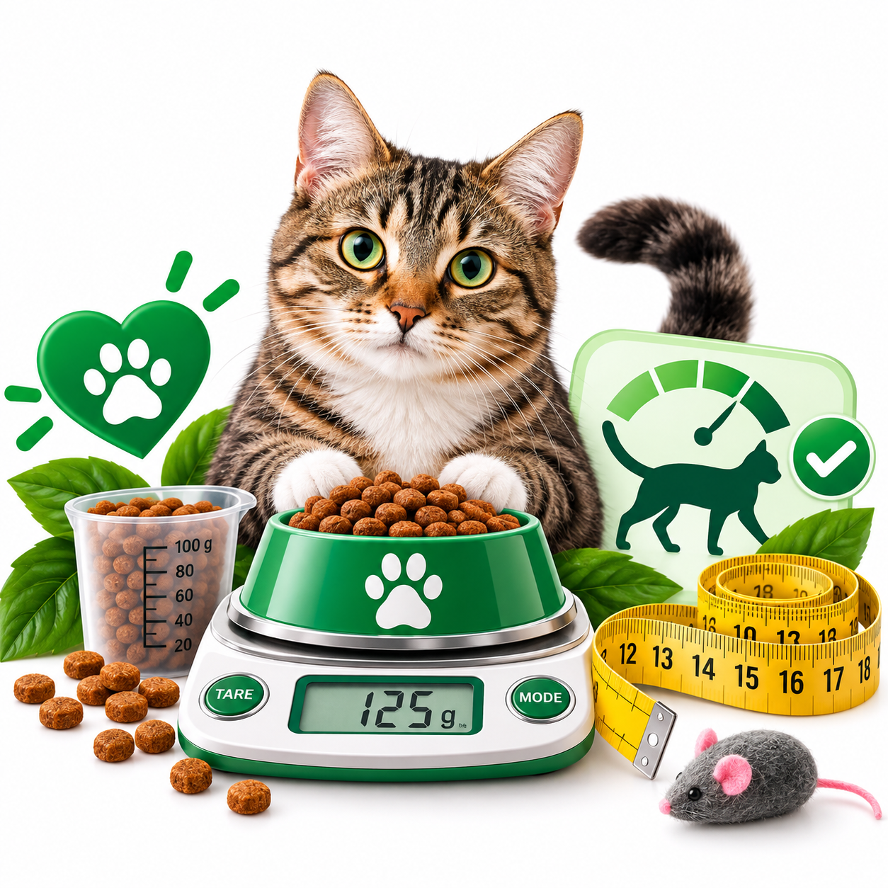 Gato junto a una porción de alimento, báscula y cinta métrica para controlar su peso