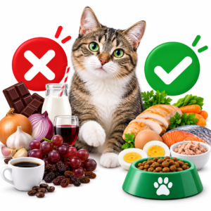 Alimentos prohibidos para gatos: qué no deben comer y qué opciones son seguras Gato junto a alimentos que debe evitar y opciones seguras para su alimentación