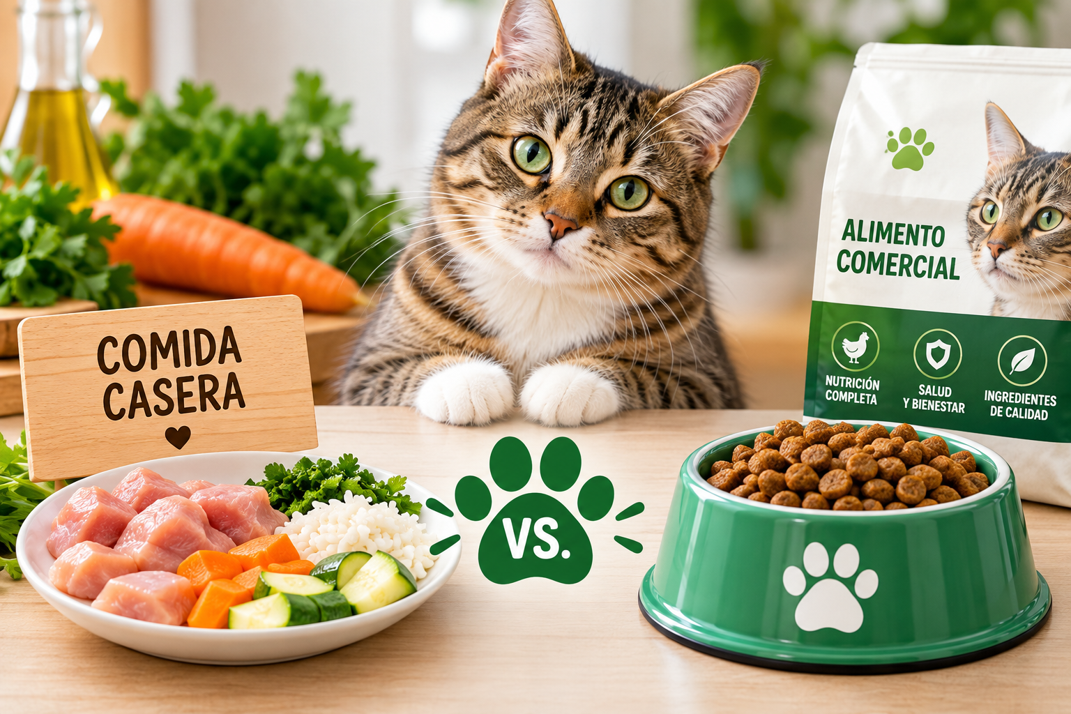 Gato entre opciones de comida casera y alimento comercial para comparar su alimentación