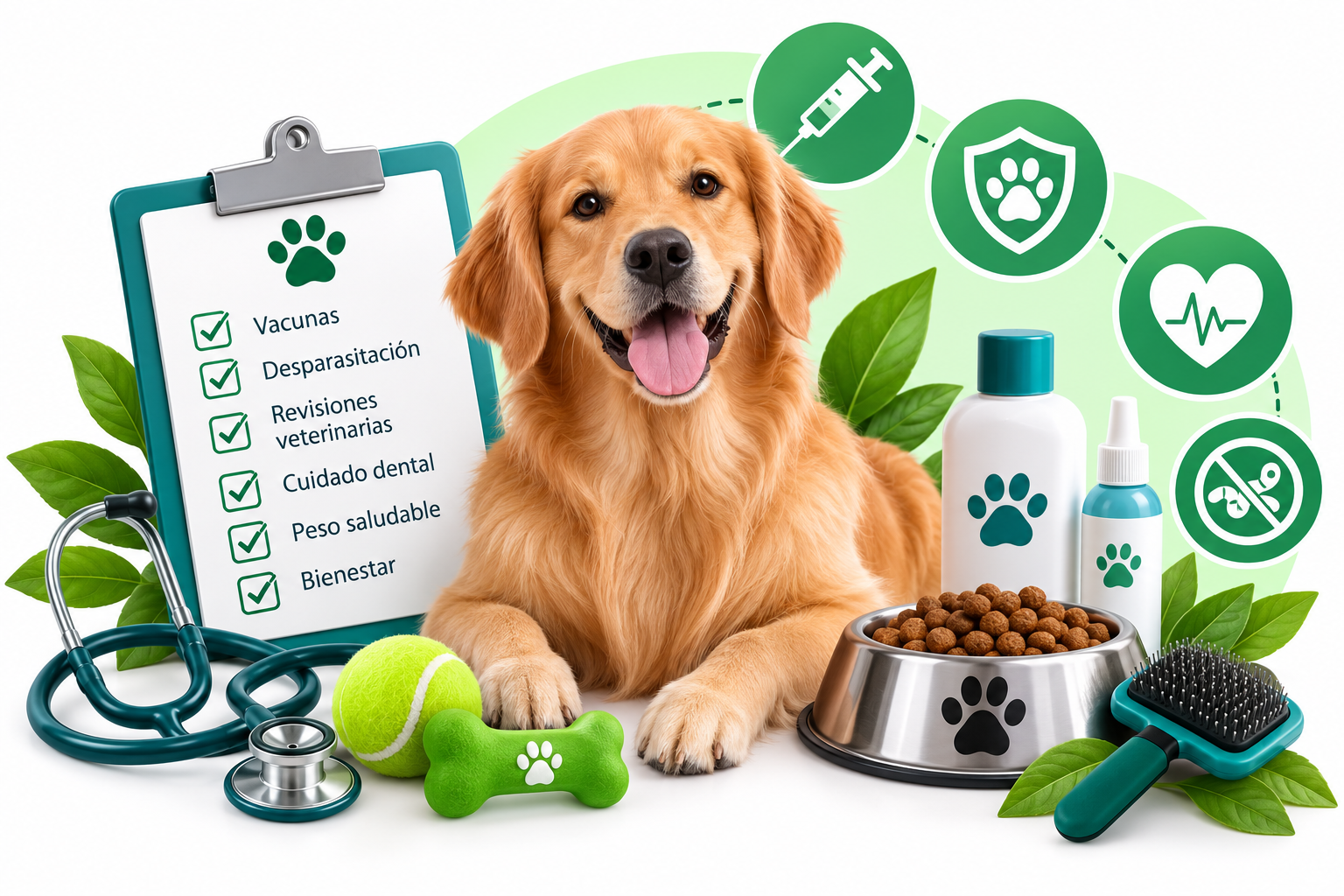 Perro junto a elementos de prevención, vacunas, desparasitación y cuidados veterinarios