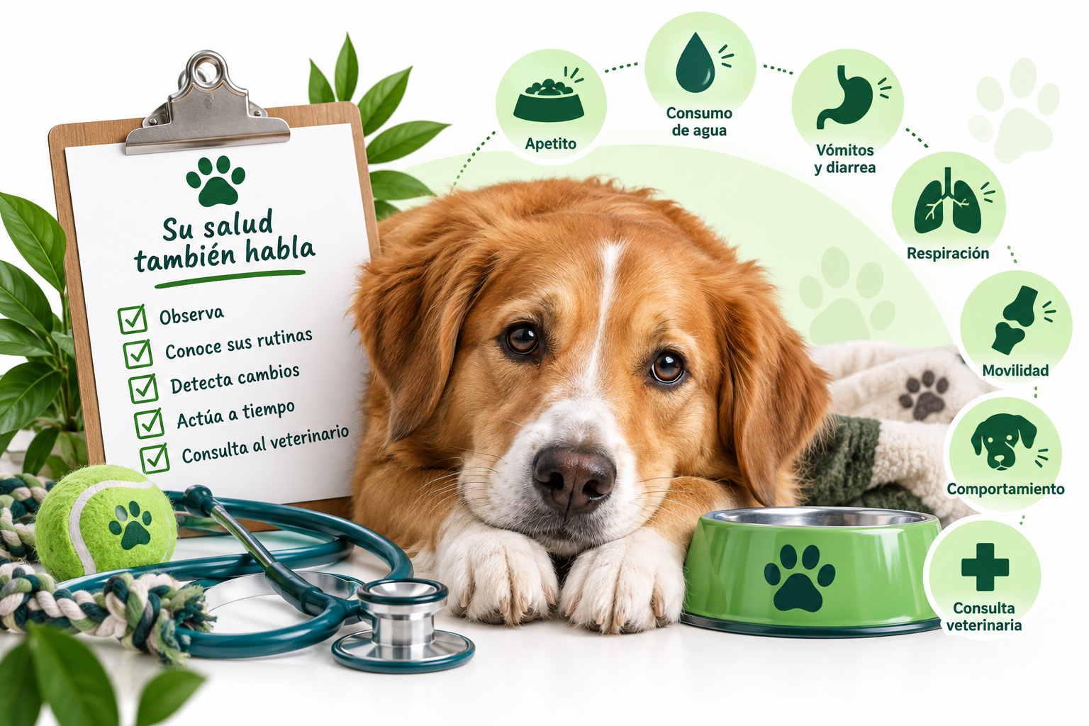 Perro con señales de alerta relacionadas con apetito, consumo de agua, respiración, movilidad y comportamiento