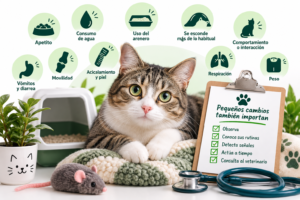 Gato con señales de alerta relacionadas con apetito, consumo de agua, arenero, movilidad, respiración y comportamiento