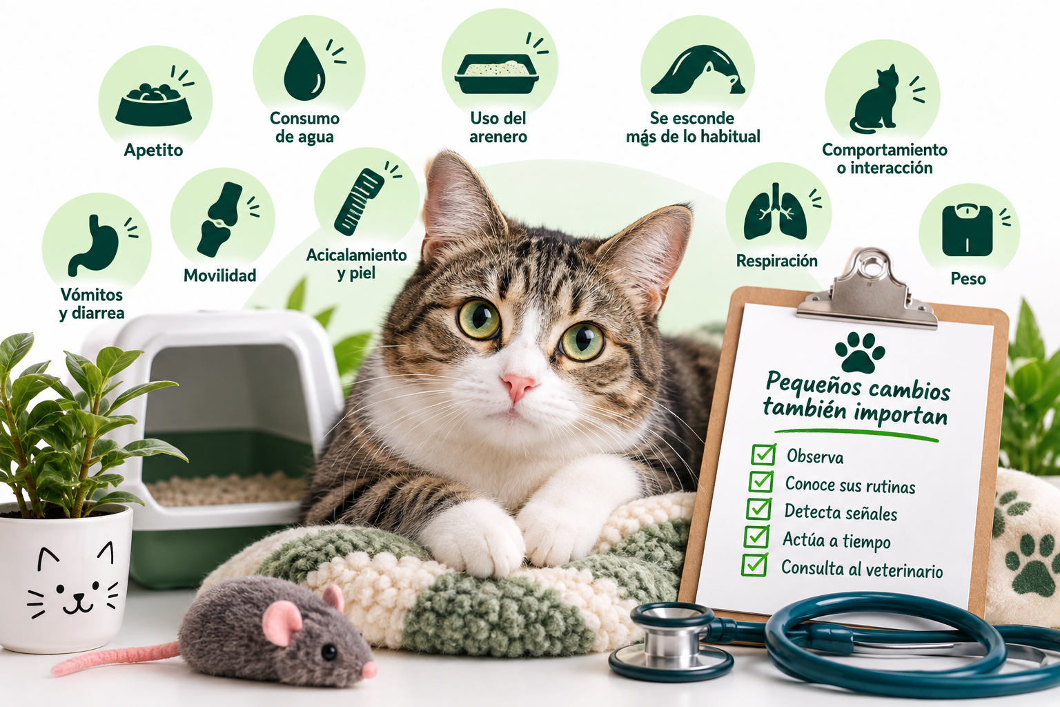 Gato con señales de alerta relacionadas con apetito, consumo de agua, arenero, movilidad, respiración y comportamiento
