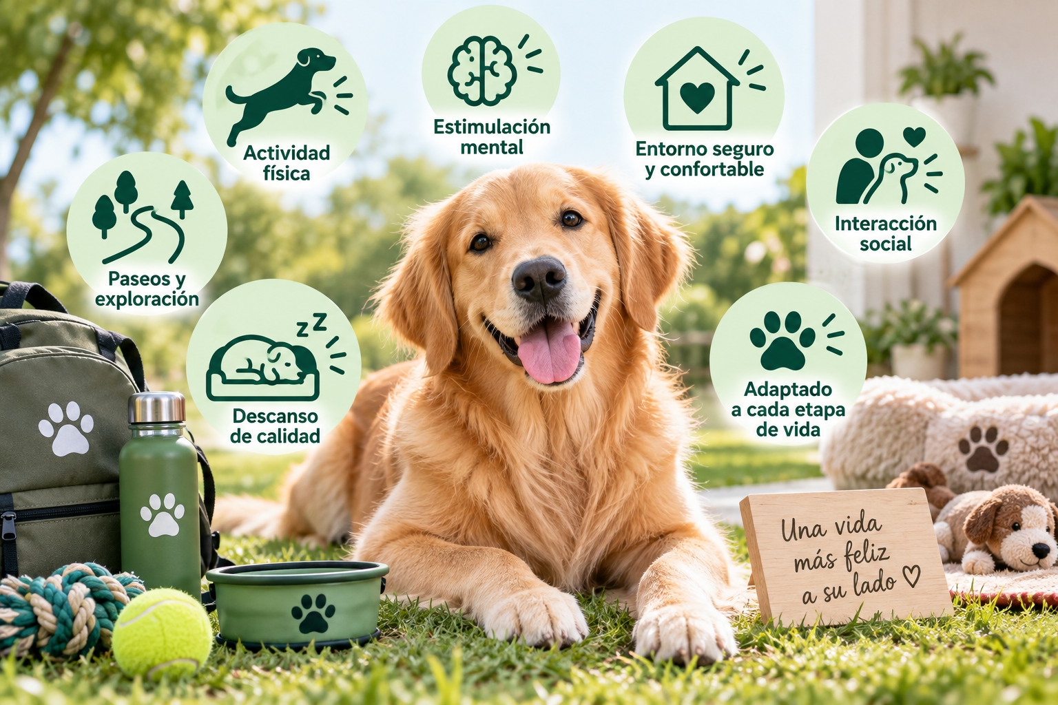 Perro disfrutando de actividad física, paseos, descanso, estimulación mental e interacción para favorecer su bienestar y calidad de vida
