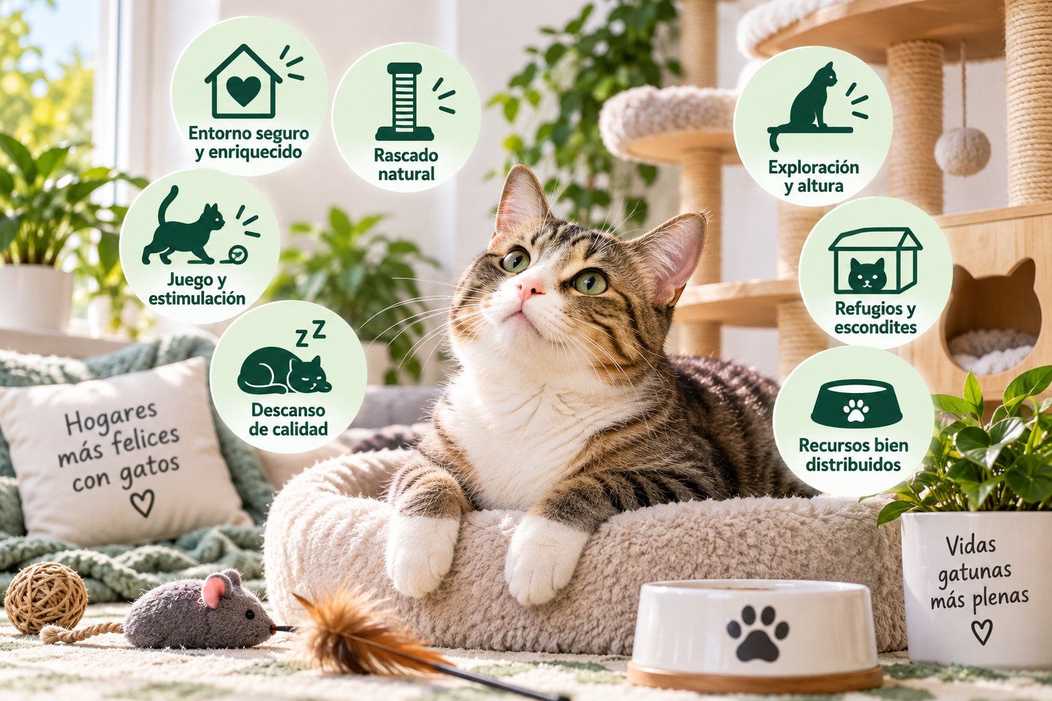 Gato en un entorno enriquecido con espacios para jugar, descansar, rascar, explorar y favorecer su bienestar y calidad de vida