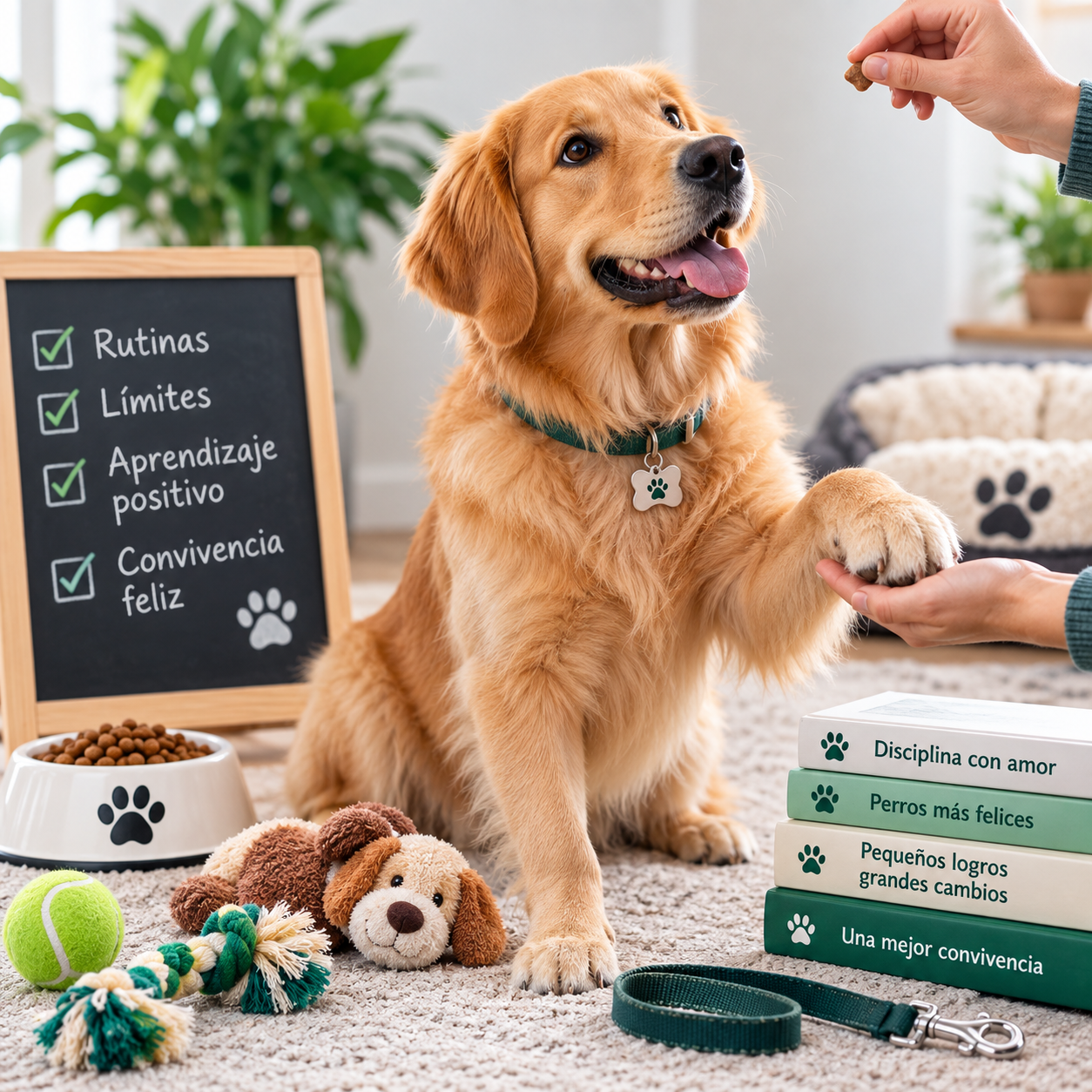 Perro aprendiendo rutinas y hábitos básicos mediante educación y refuerzo positivo