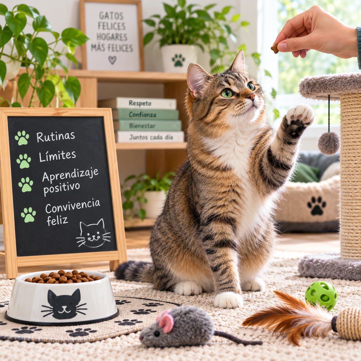 Gato aprendiendo rutinas y hábitos básicos mediante educación y refuerzo positivo