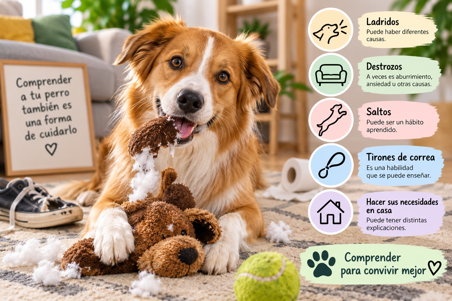 Conoce las causas frecuentes de los problemas de comportamiento en perros y cómo actuar ante ladridos, destrozos, saltos, mordisqueo y otras dificultades de convivencia