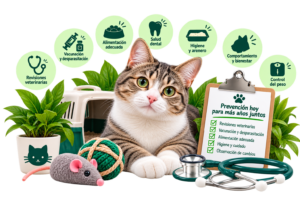Gato junto a elementos de cuidados preventivos, revisiones veterinarias, alimentación, higiene y bienestar