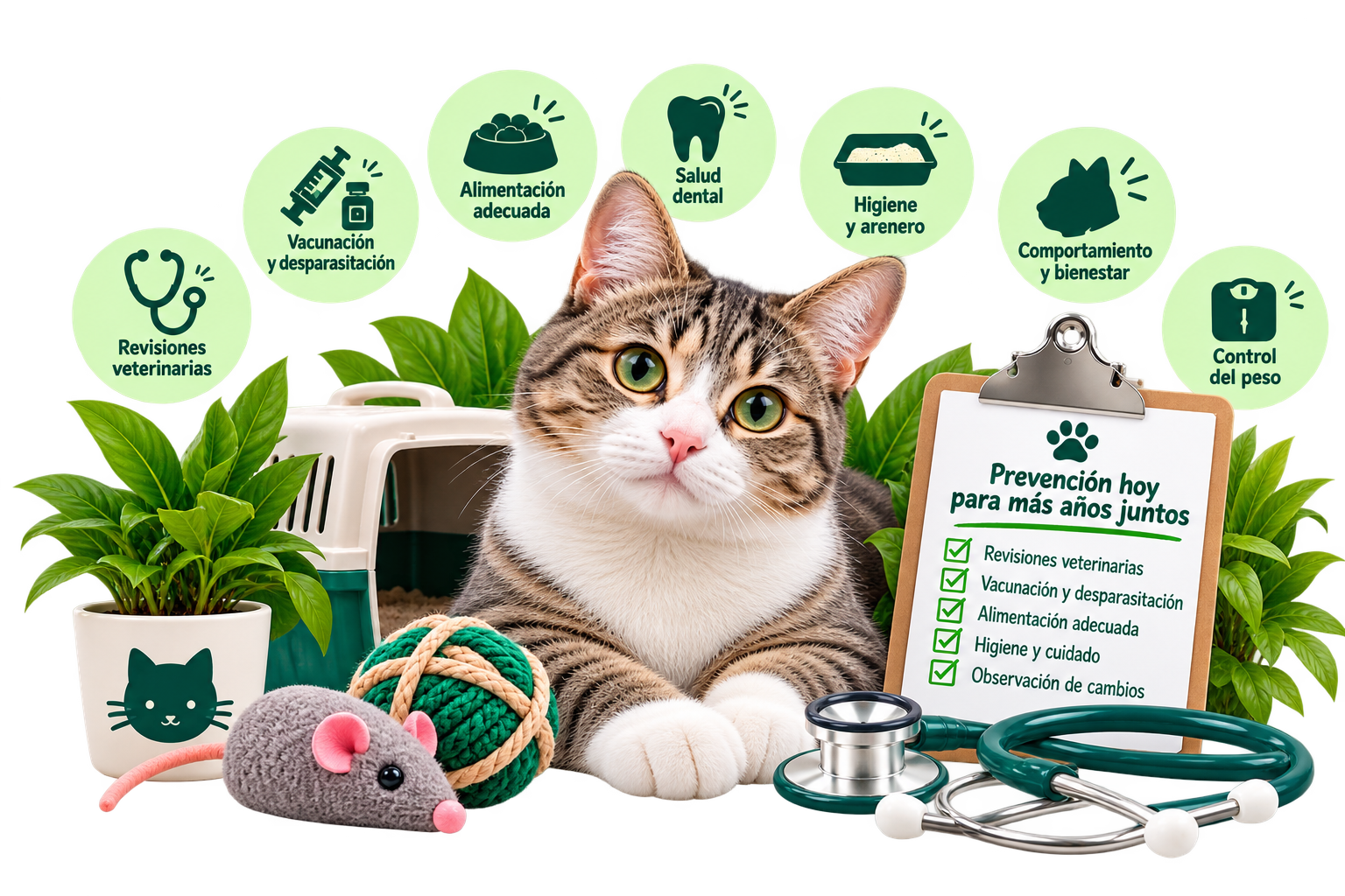 Gato junto a elementos de cuidados preventivos, revisiones veterinarias, alimentación, higiene y bienestar